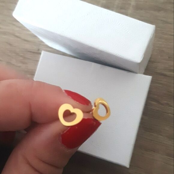 Gold Small Dainty Heart Hollow Cut Out Stud Stainless Steel Earrings - Picture 5 of 7